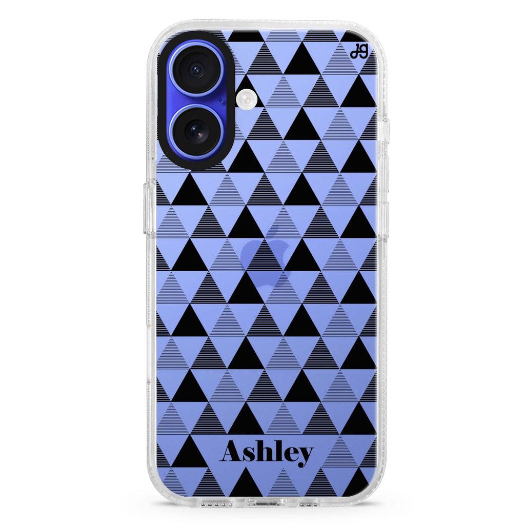Triangles Seamless custom name iPhone 16 and 16 Plus ultra clear case, transparent beach artwork, front product view