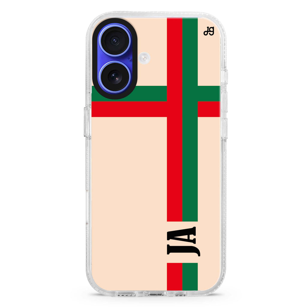 Matching Stripes custom name iPhone 16 and 16 Plus ultra clear case, transparent abstract pattern, front product view