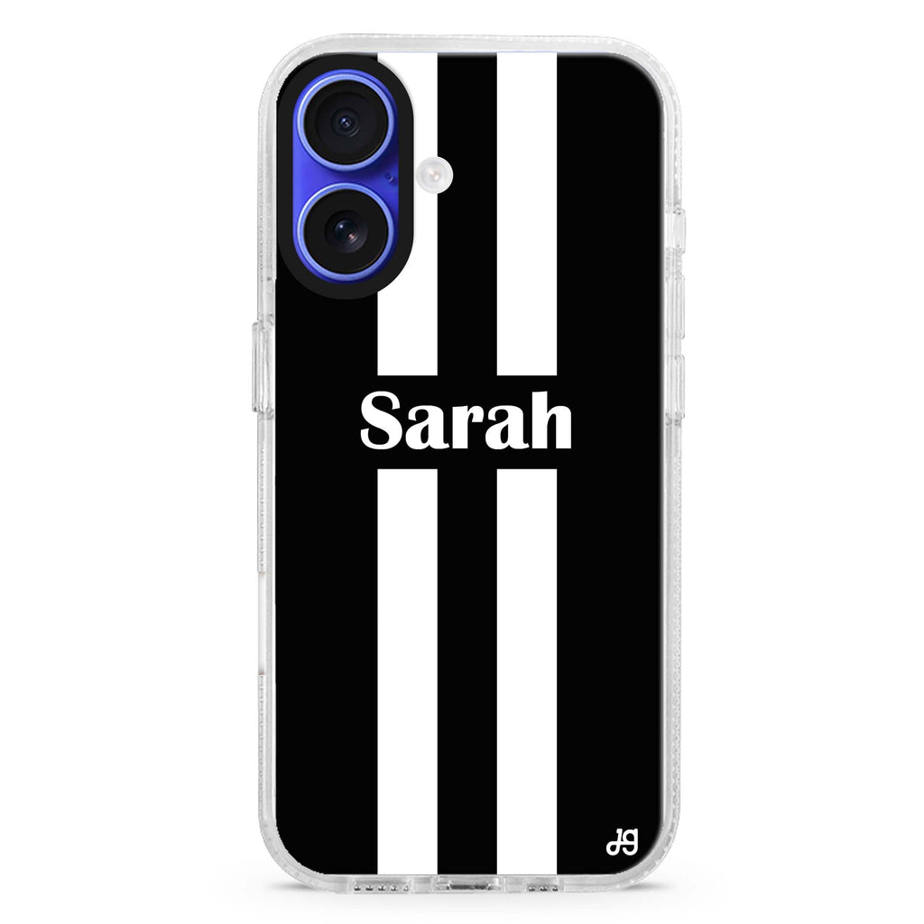 Black and white Stripes custom name iPhone 16 and 16 Plus ultra clear case, transparent abstract pattern, front product view