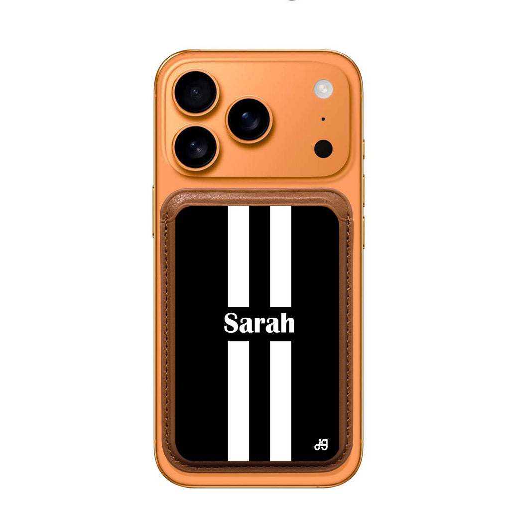 Black and White Stripes custom name MagSafe wallet for iPhone, personalized magnetic card holder, main view
