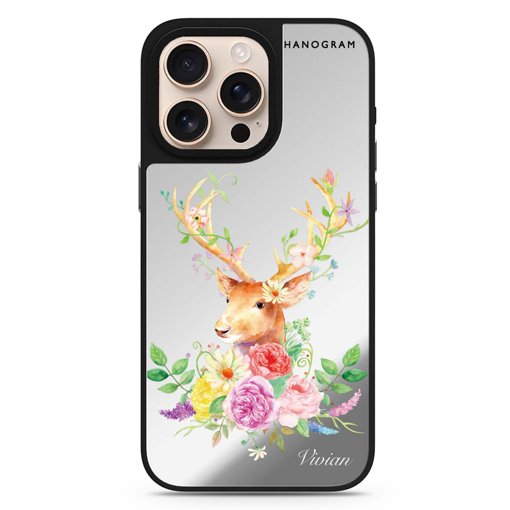 Floral & Deer personalized name animal design iPhone 16/15/14 Pro Max & Pro mirror case