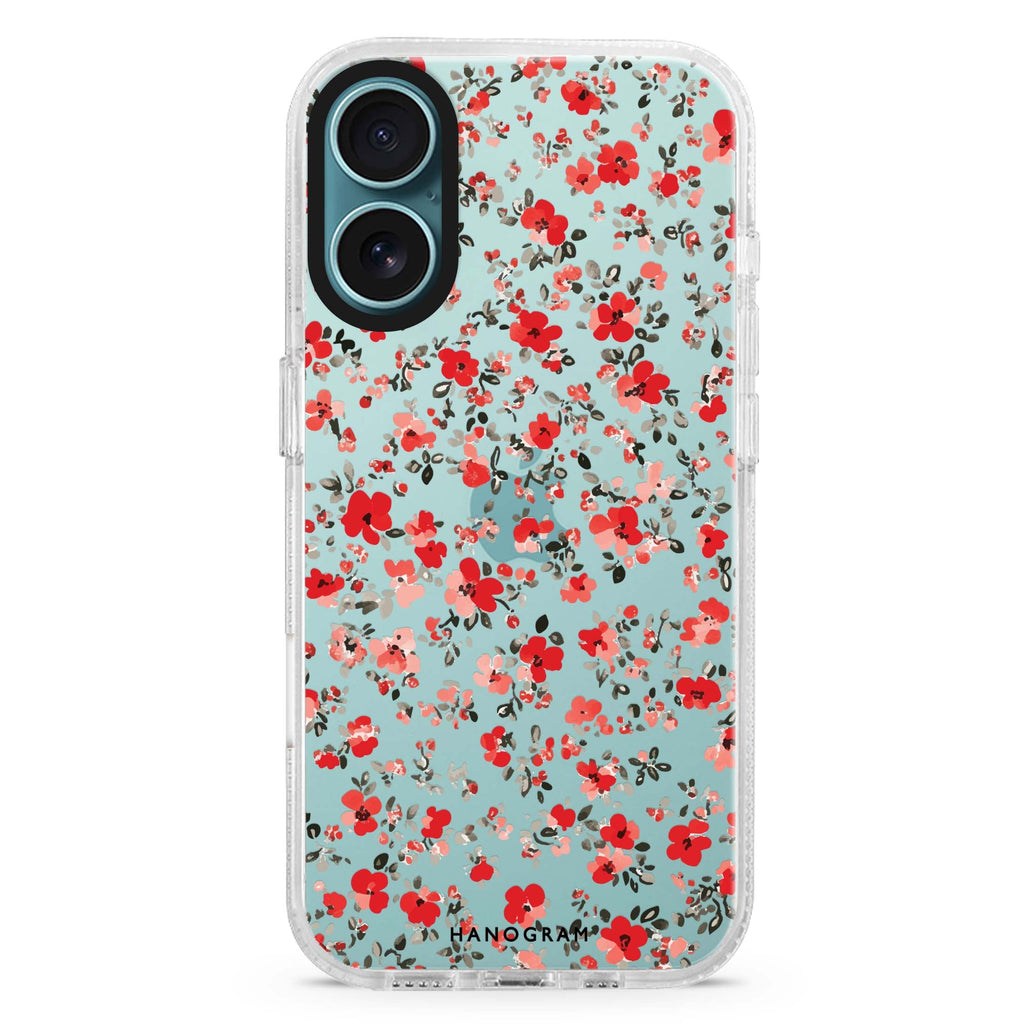 Tiny Bloom iPhone 16 and 16 Plus ultra clear case, transparent graphic artwork, front product view