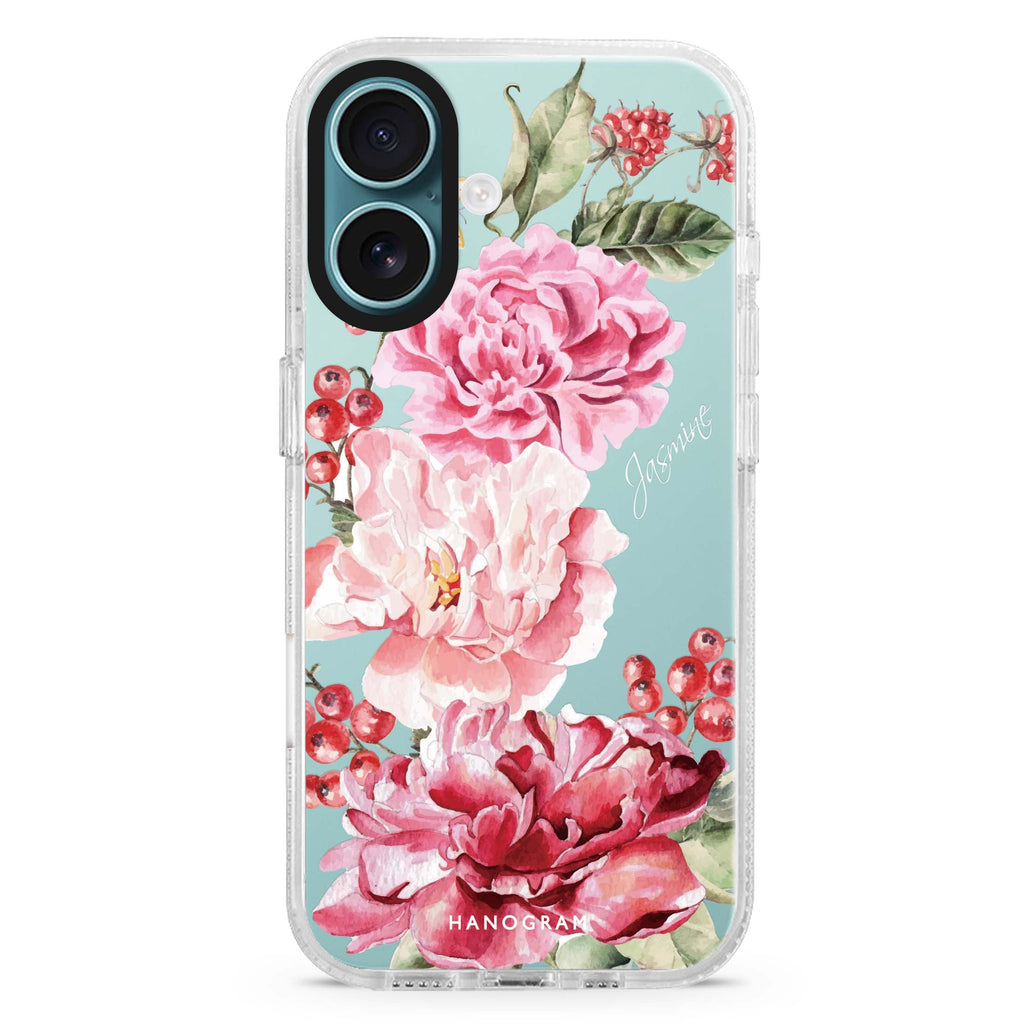 Pretty Watercolor Flowers Style 2 custom name iPhone 16 and 16 Plus ultra clear case, transparent floral artwork, front product view