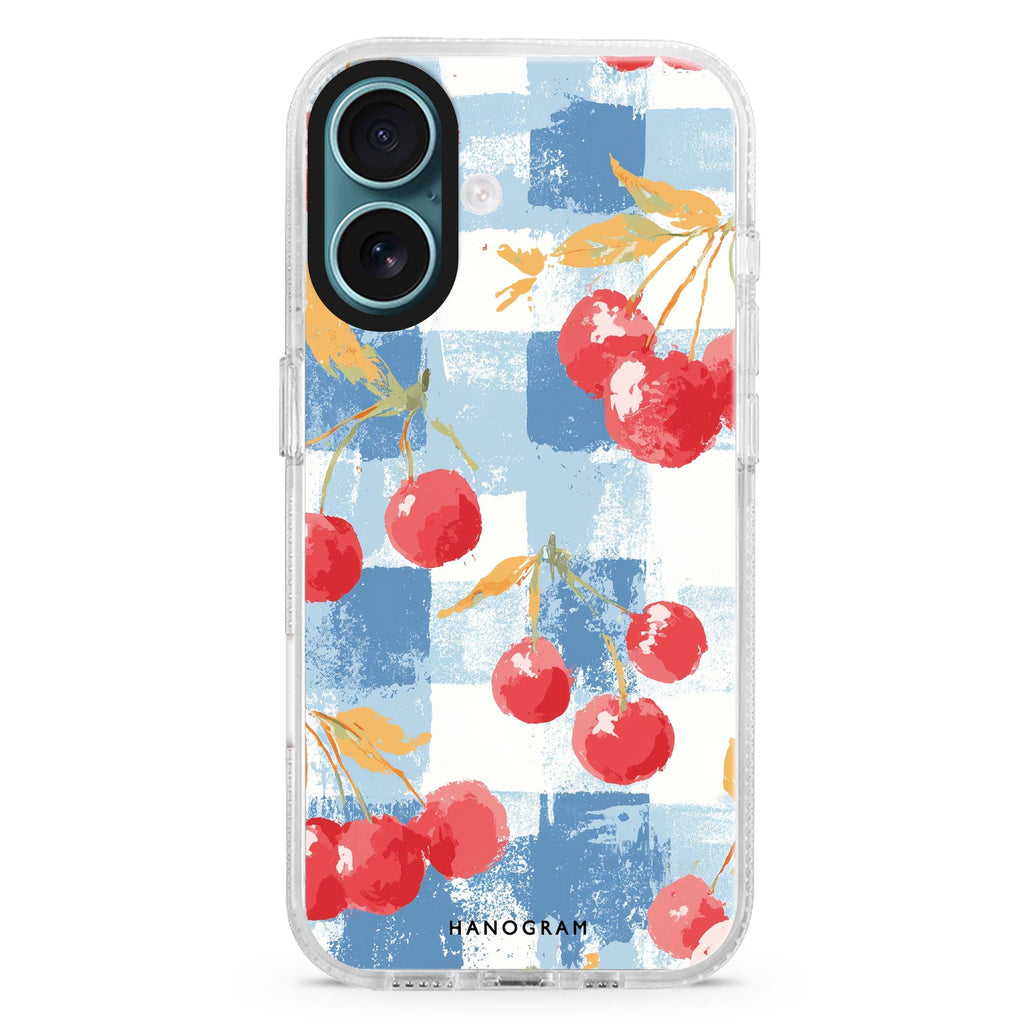 Cherry Picnic iPhone 16 and 16 Plus ultra clear case, transparent fruit artwork, front product view