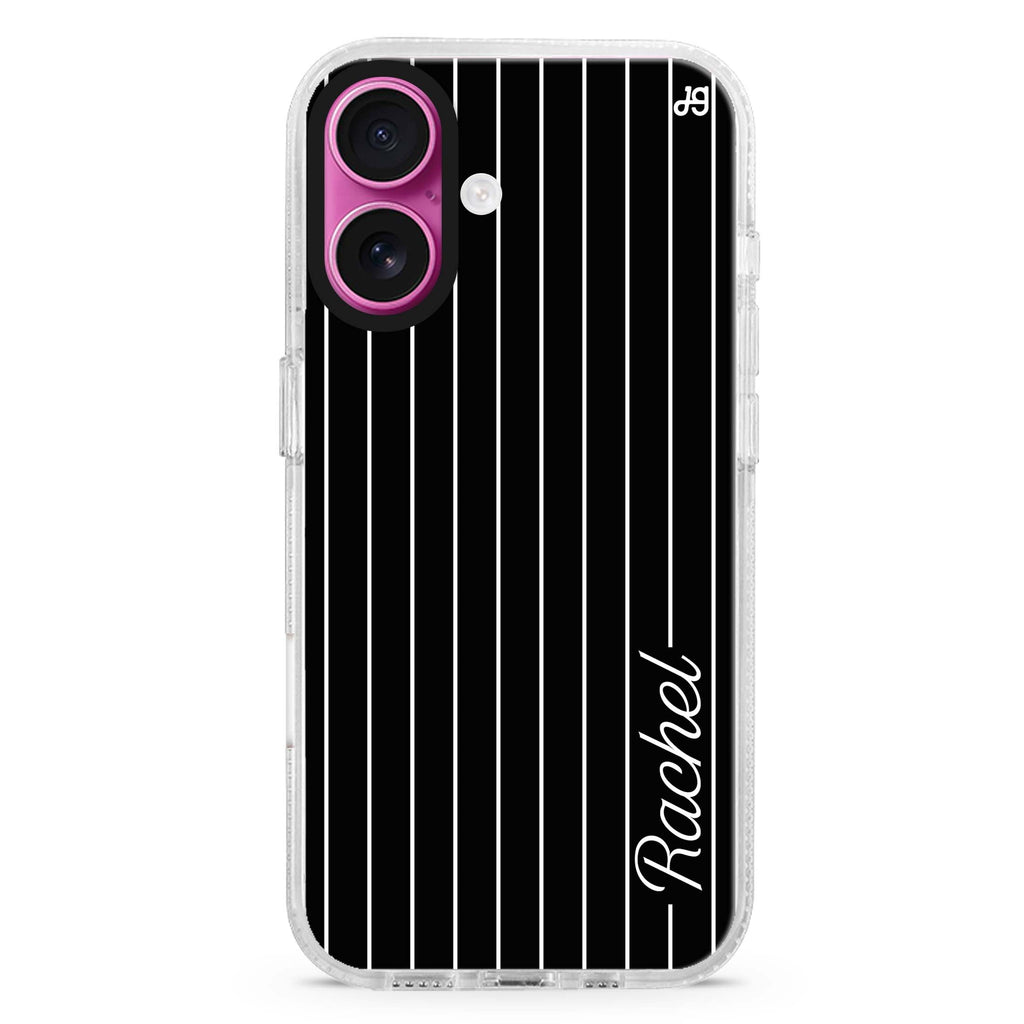 Stripes I custom name iPhone 16 and 16 Plus ultra clear case, transparent abstract pattern, front product view