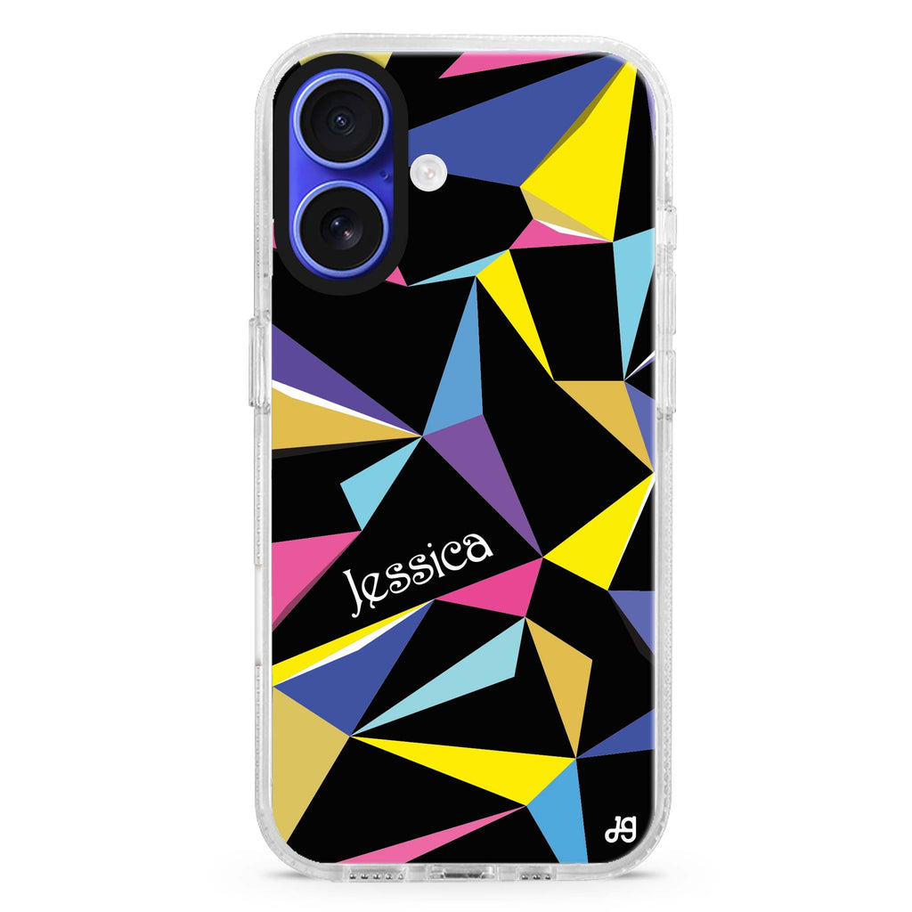 Geometric custom name iPhone 16 and 16 Plus ultra clear case, transparent abstract pattern, front product view