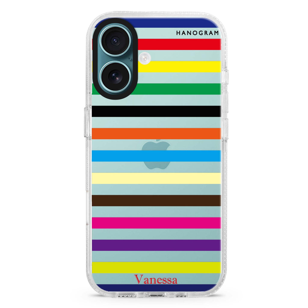 colorful stripe custom name iPhone 16 and 16 Plus ultra clear case, transparent abstract pattern, front product view