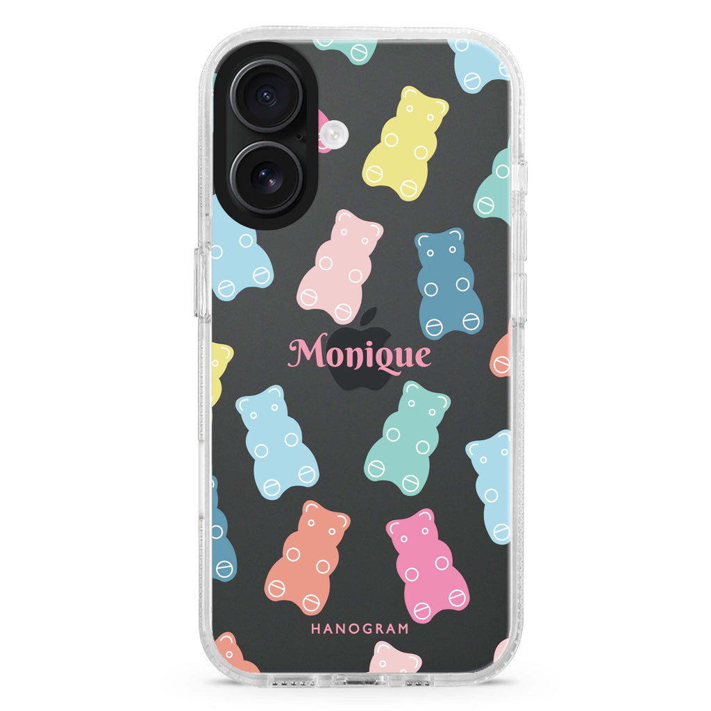 Sweet Dream Bear custom name iPhone 16 and 16 Plus ultra clear case, transparent romantic artwork, front product view