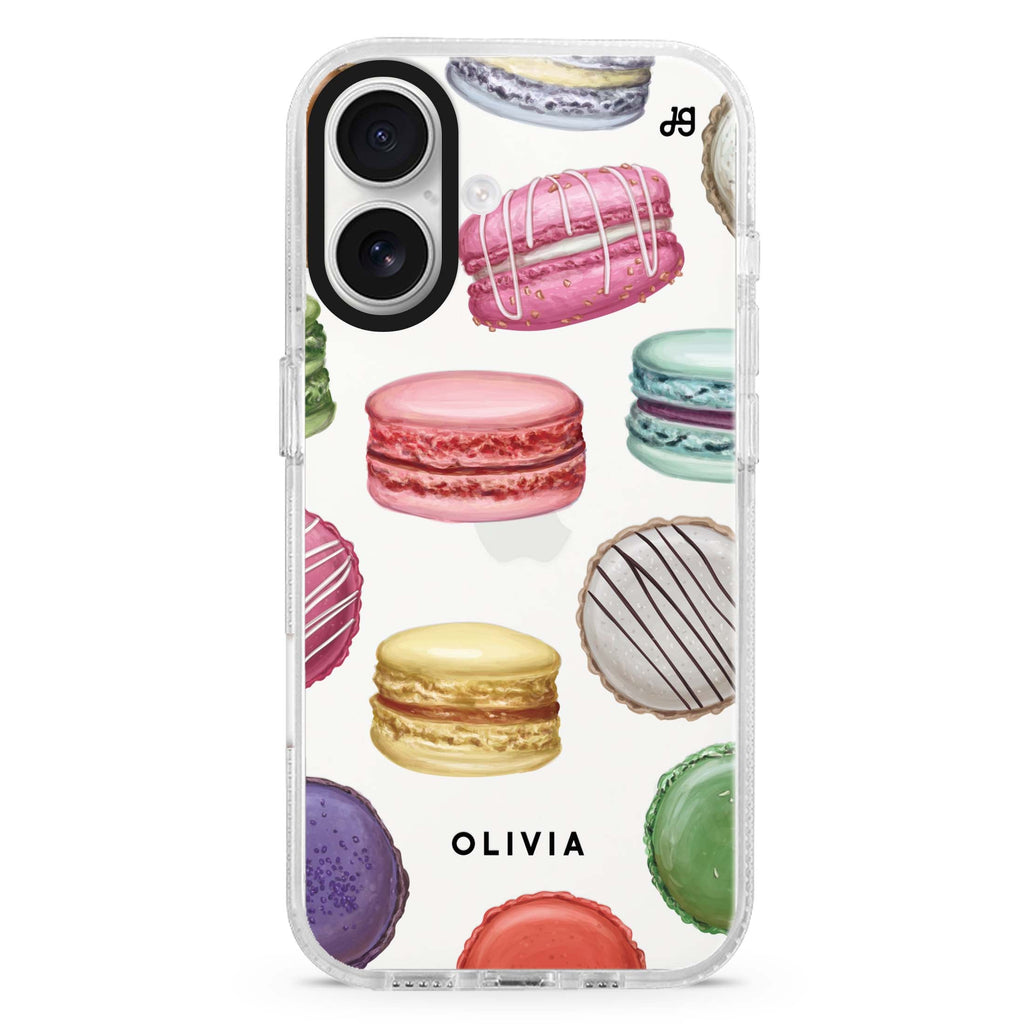 Macarons Land custom name iPhone 16 and 16 Plus ultra clear case, transparent graphic artwork, front product view