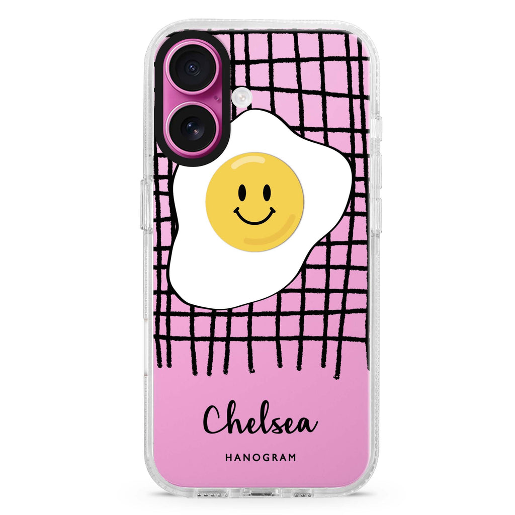 Funny Egg custom name iPhone 16 and 16 Plus ultra clear case, transparent graphic artwork, front product view