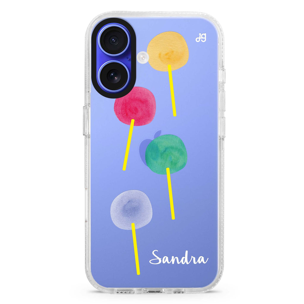Colorful Candy I custom name iPhone 16 and 16 Plus ultra clear case, transparent food artwork, front product view