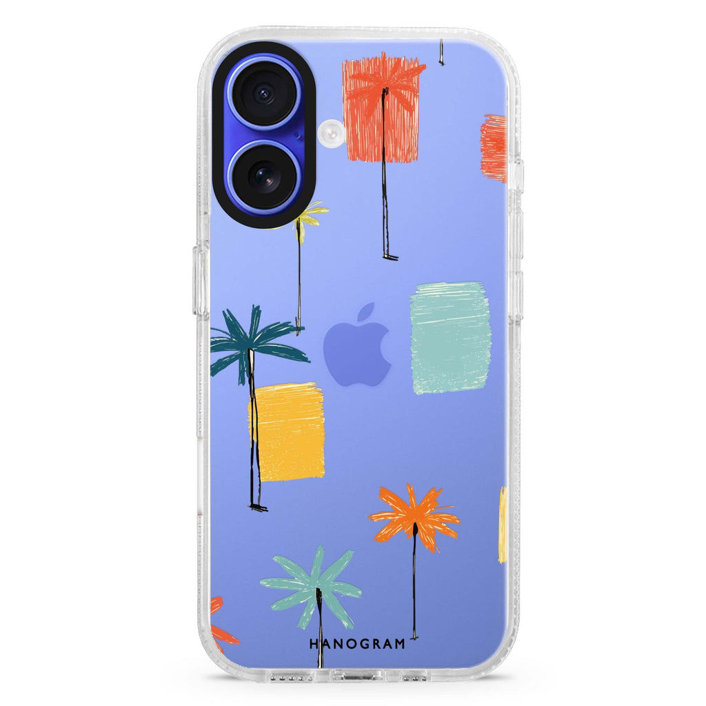 Tropic Scribble iPhone 16 and 16 Plus ultra clear case, transparent graphic artwork, front product view