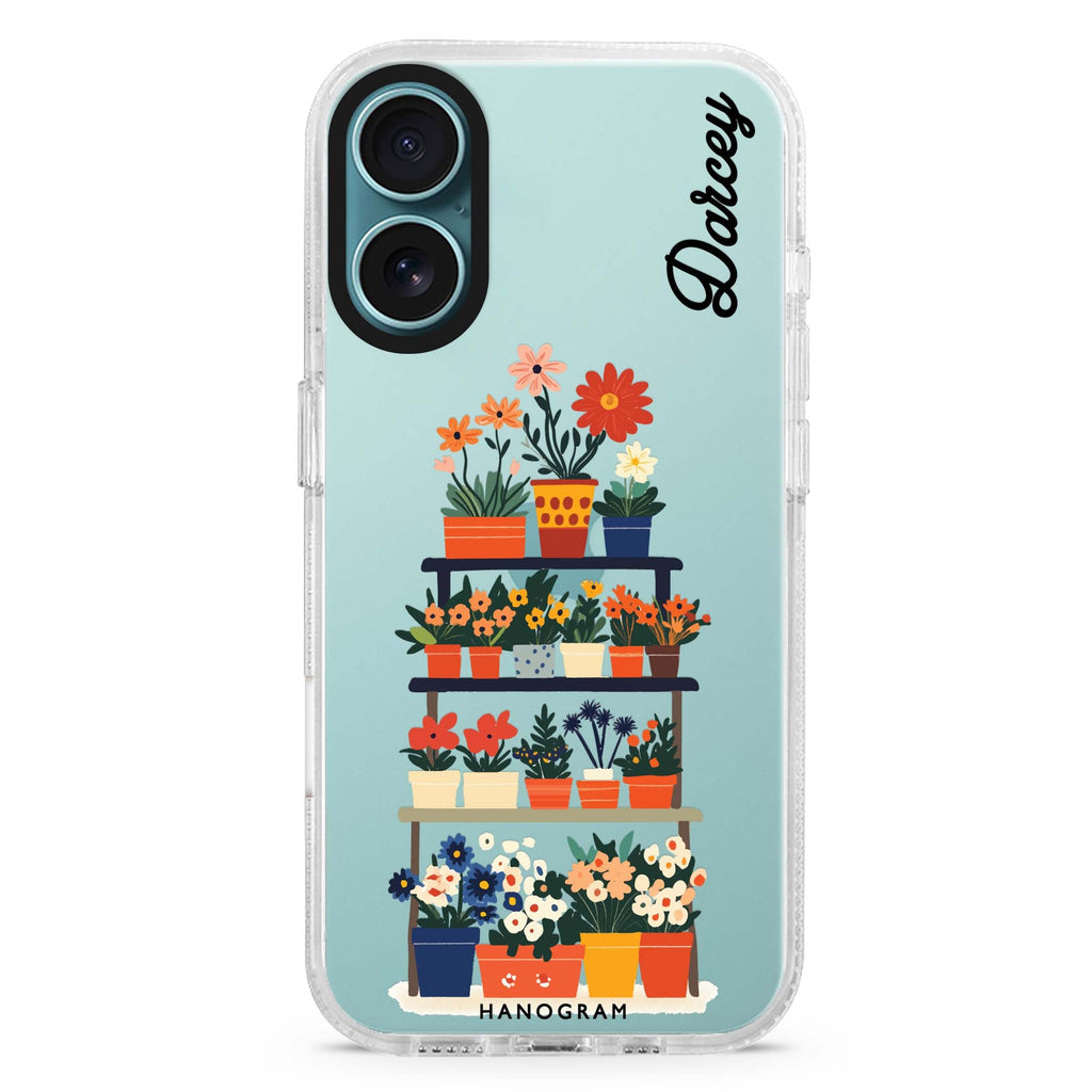 Flora Stack custom name iPhone 16 and 16 Plus ultra clear case, transparent graphic artwork, front product view