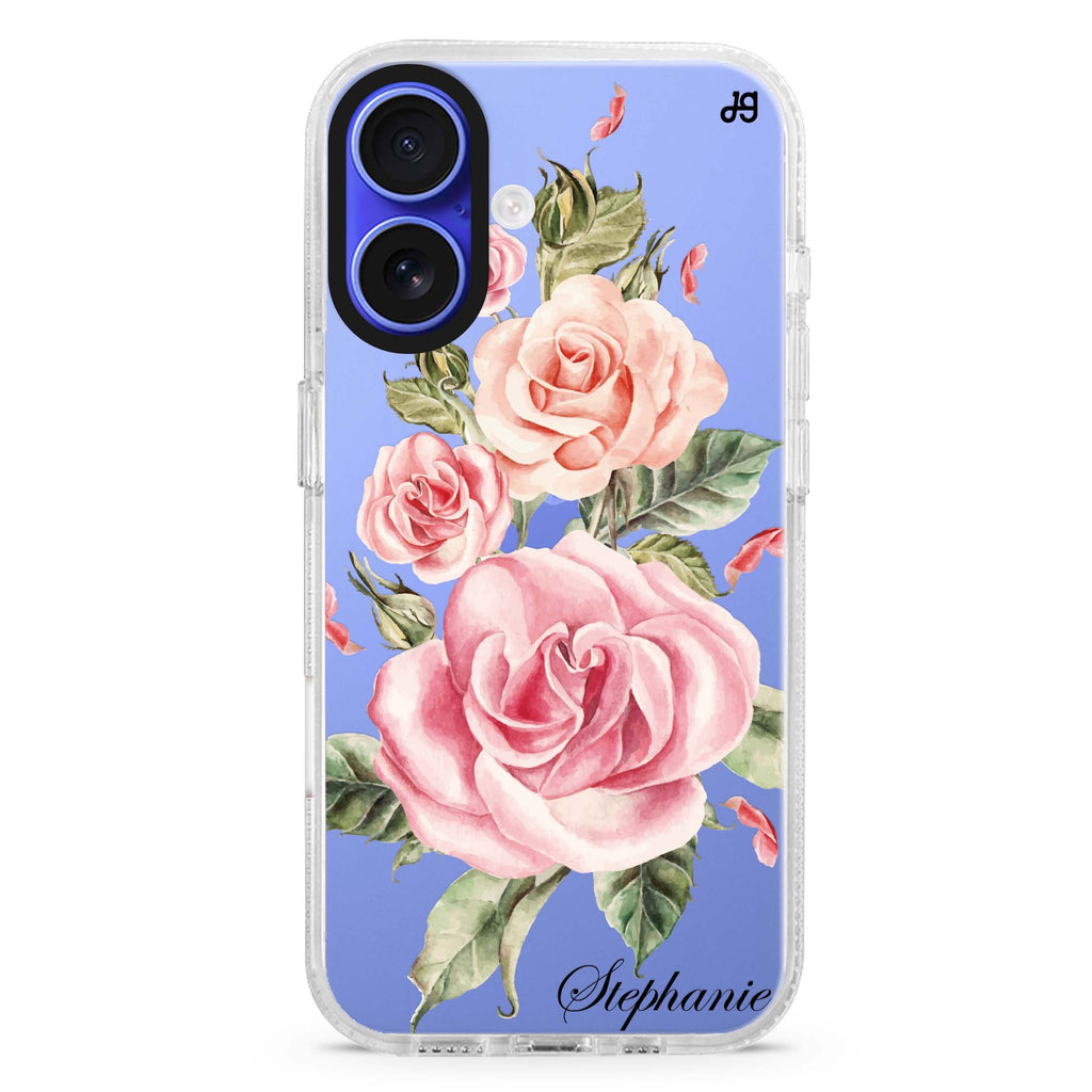 Pink Watercolor Floral custom name iPhone 16 and 16 Plus ultra clear case, transparent floral artwork, front product view