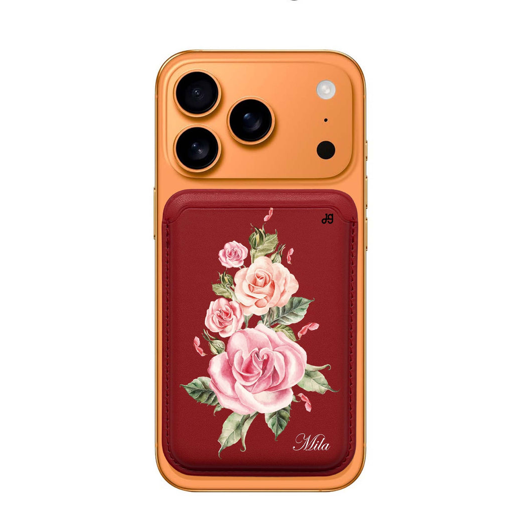 Pink Watercolor Floral custom name MagSafe wallet for iPhone, personalized magnetic card holder, main view