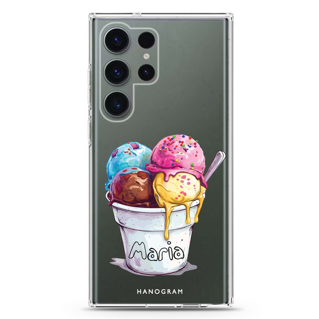 Sweet Scoops personalized name Samsung Galaxy S26/S25/S24/S23/S22 Ultra ultra clear case, transparent design, main view