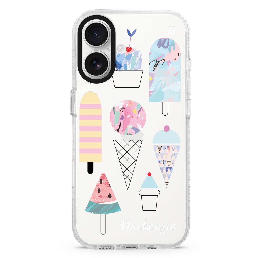 Artistic Ice cream II custom name iPhone 16 and 16 Plus ultra clear case, transparent artistic artwork, front product view