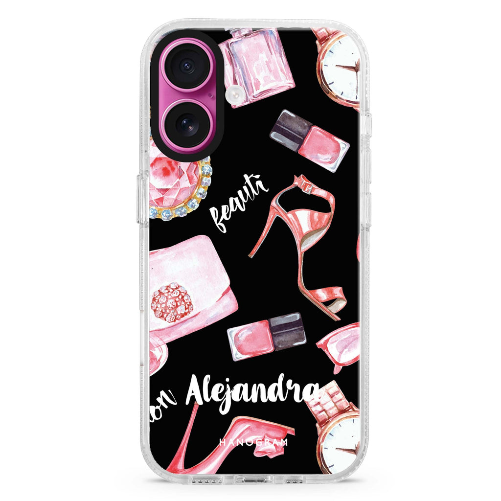 Fashion Sets custom name iPhone 16 and 16 Plus ultra clear case, transparent graphic artwork, front product view