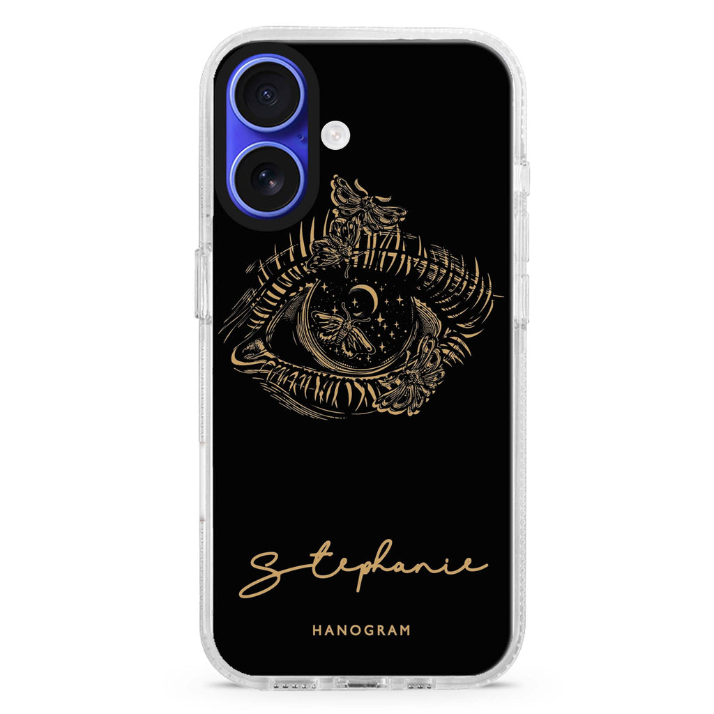 Impressive Eye II custom name iPhone 16 and 16 Plus ultra clear case, transparent graphic artwork, front product view