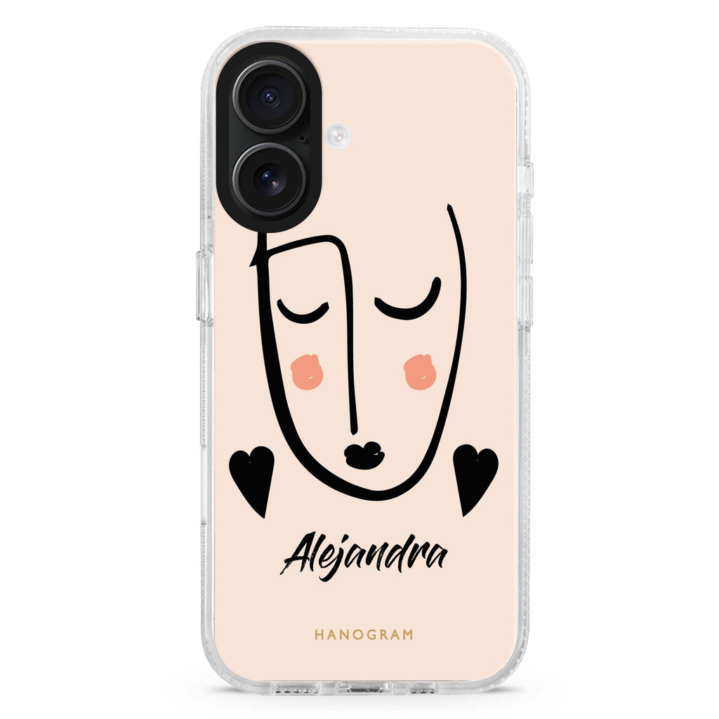 Lovely Face custom name iPhone 16 and 16 Plus ultra clear case, transparent romantic artwork, front product view