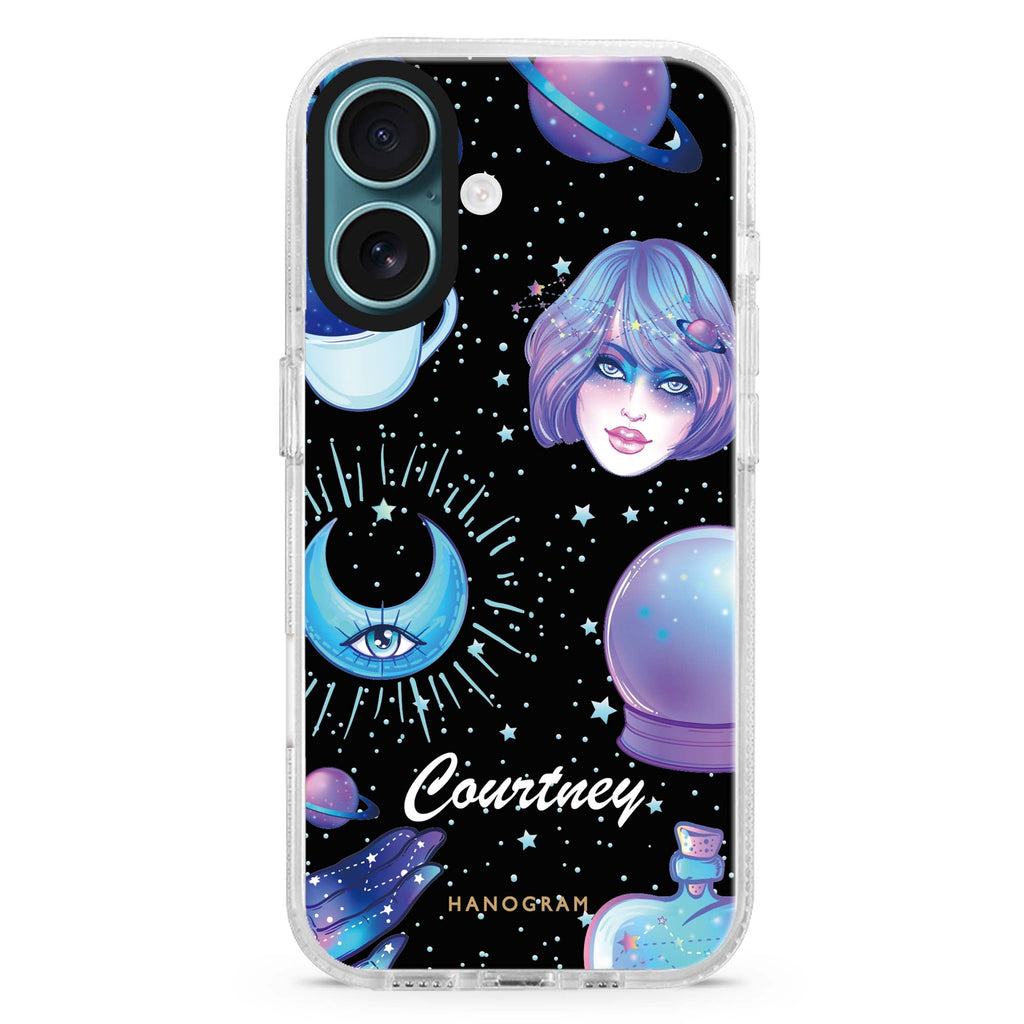 Nocturnal II custom name iPhone 16 and 16 Plus ultra clear case, transparent graphic artwork, front product view
