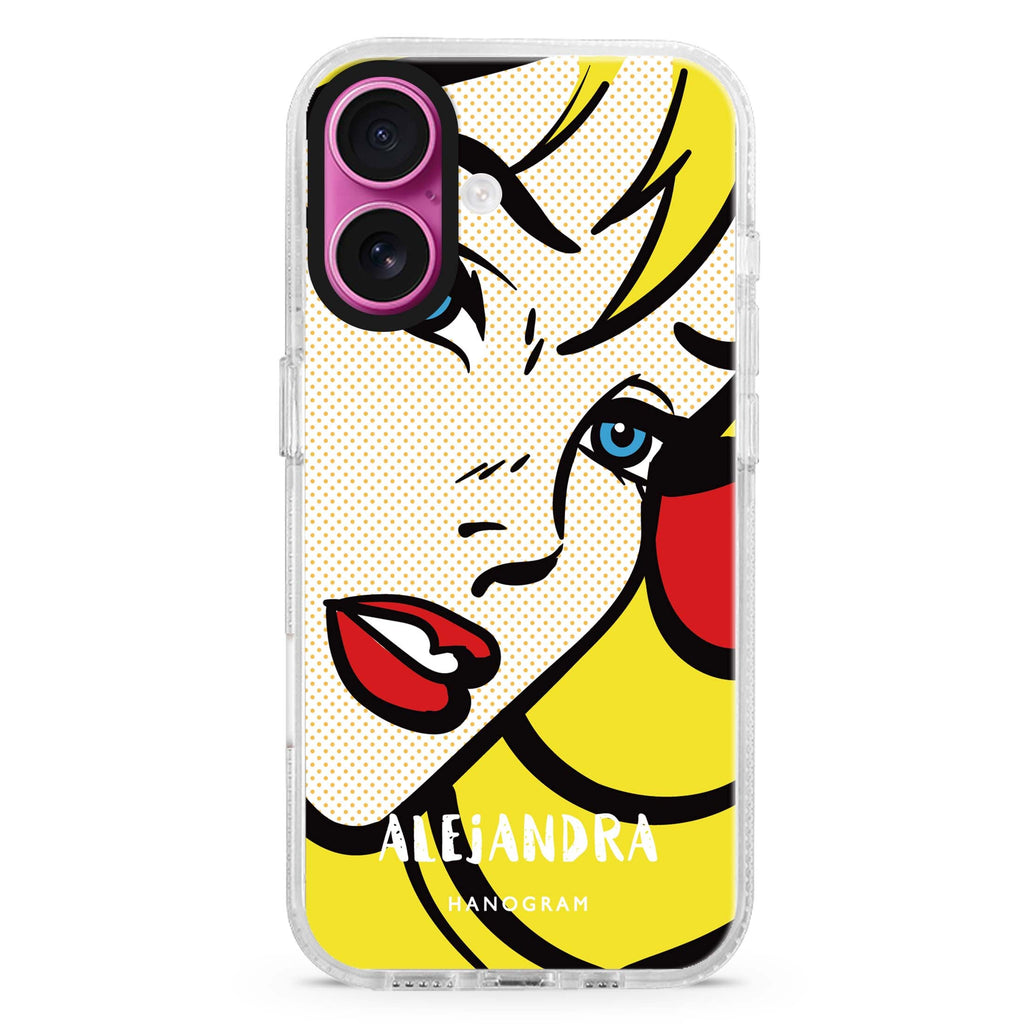 Pop Girl custom name iPhone 16 and 16 Plus ultra clear case, transparent graphic artwork, front product view