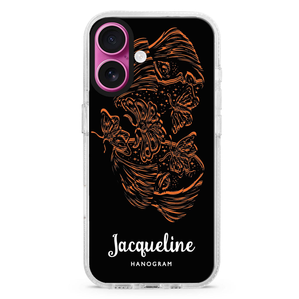 Artistic Face II custom name iPhone 16 and 16 Plus ultra clear case, transparent artistic artwork, front product view