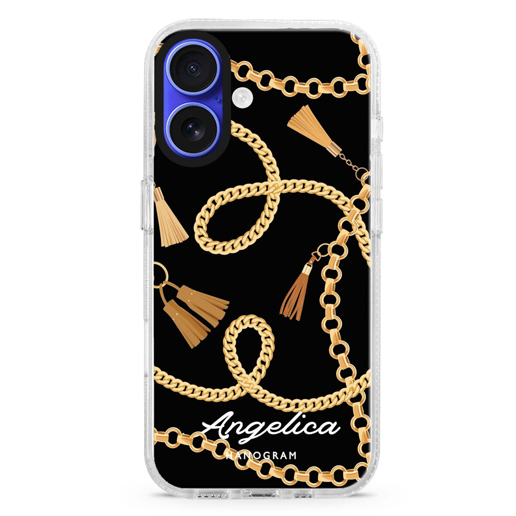 Belt and Chain I custom name iPhone 16 and 16 Plus ultra clear case, transparent graphic artwork, front product view