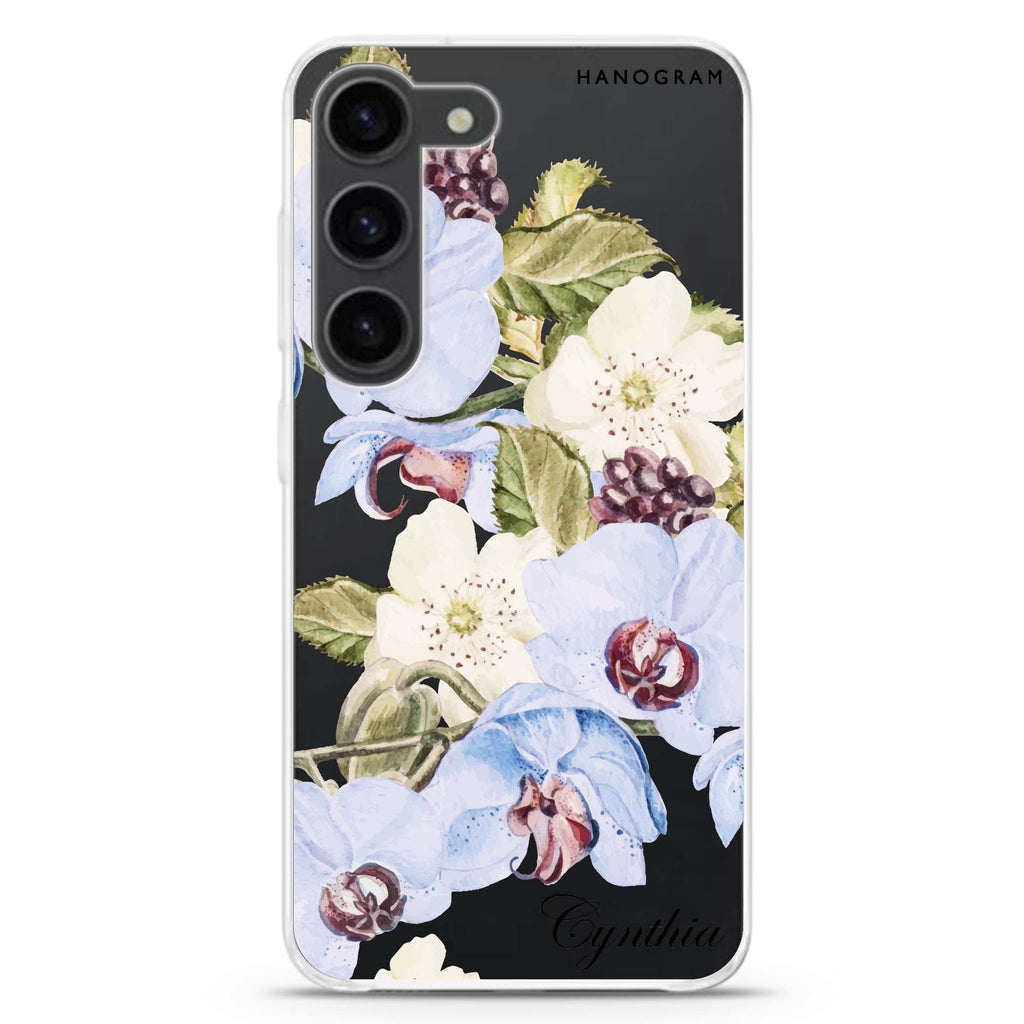Light Blue Floral personalized ultra-clear case for Samsung Galaxy S23/S22, front view