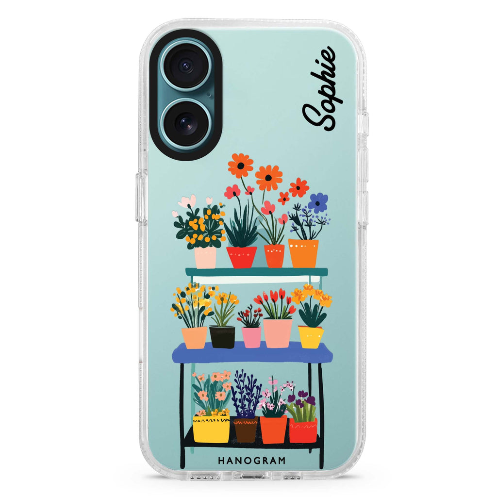 Petal Pop custom name iPhone 16 and 16 Plus ultra clear case, transparent floral artwork, front product view