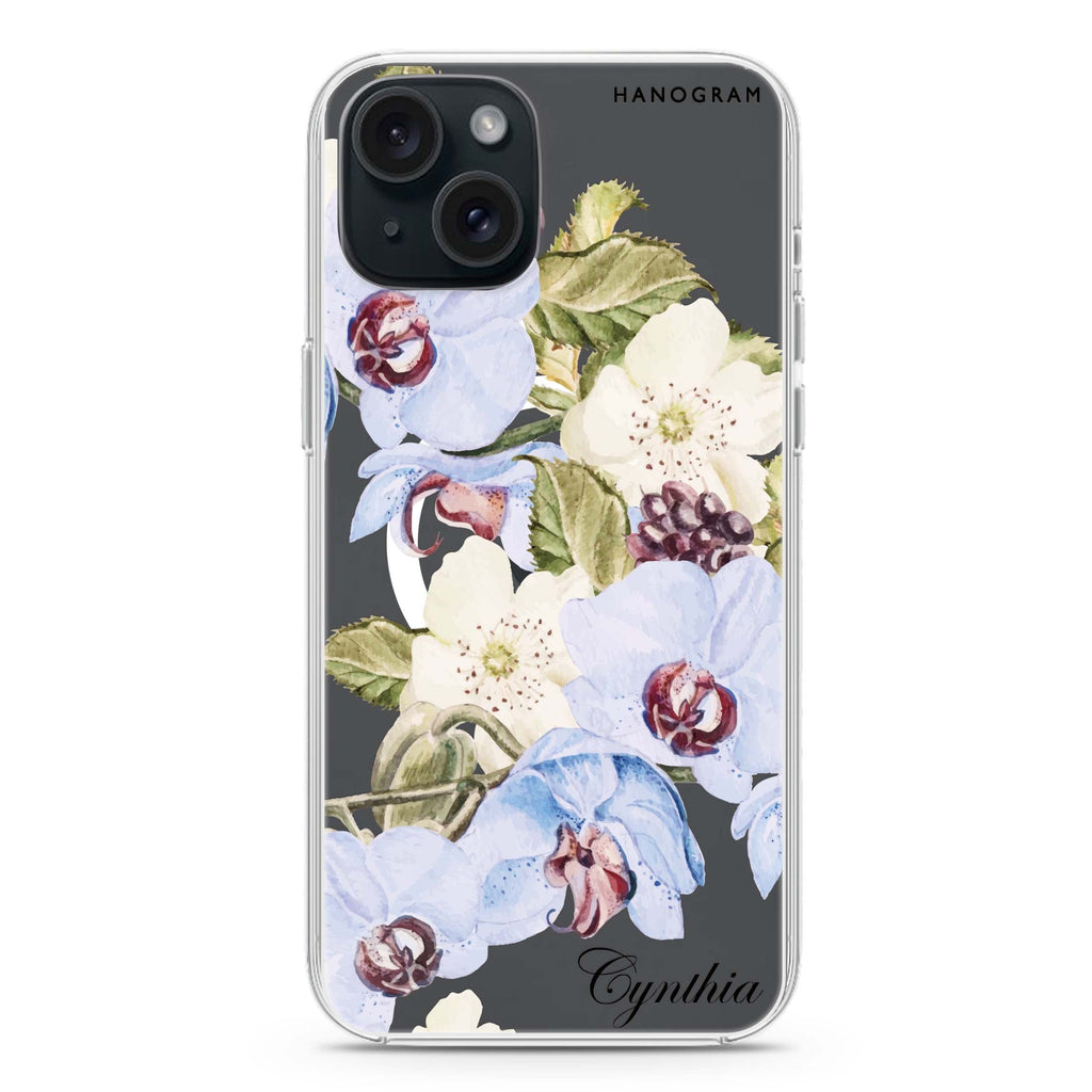 Light Blue Floral iPhone 15 Plus MagSafe Compatible Ultra Clear Case