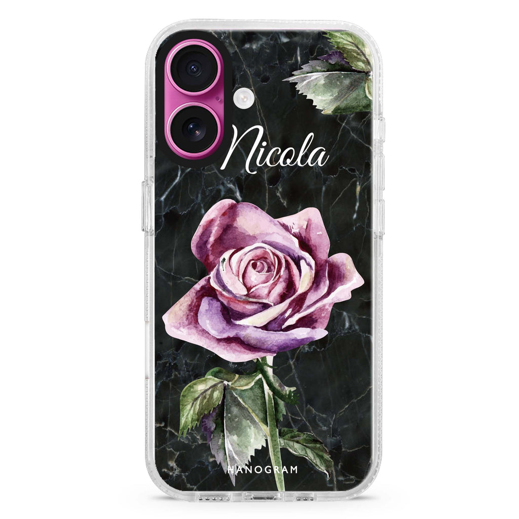 Black Marble Rose custom name iPhone 16 and 16 Plus ultra clear case, transparent floral artwork, front product view