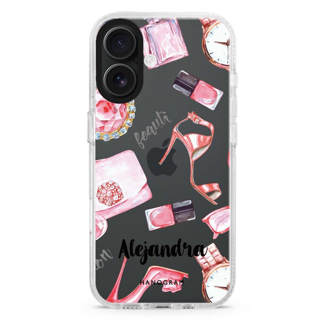 Fashion Sets II custom name iPhone 16 and 16 Plus ultra clear case, transparent graphic artwork, front product view
