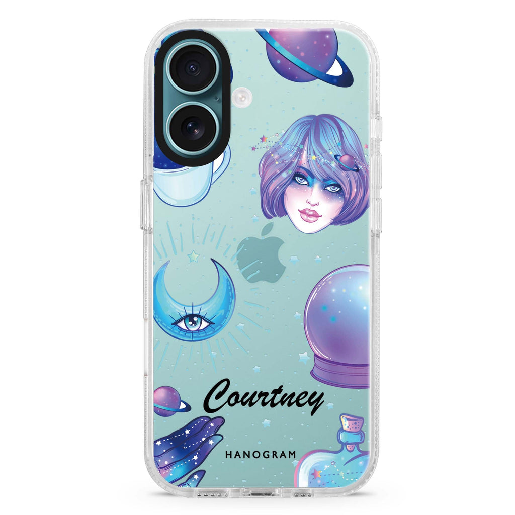 Nocturnal custom name iPhone 16 and 16 Plus ultra clear case, transparent graphic artwork, front product view