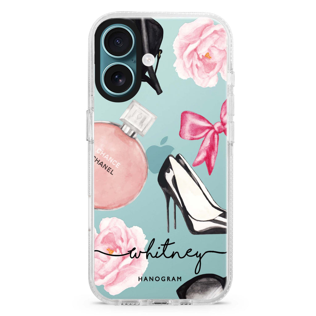 Fashion Cosmetic custom name iPhone 16 and 16 Plus ultra clear case, transparent graphic artwork, front product view