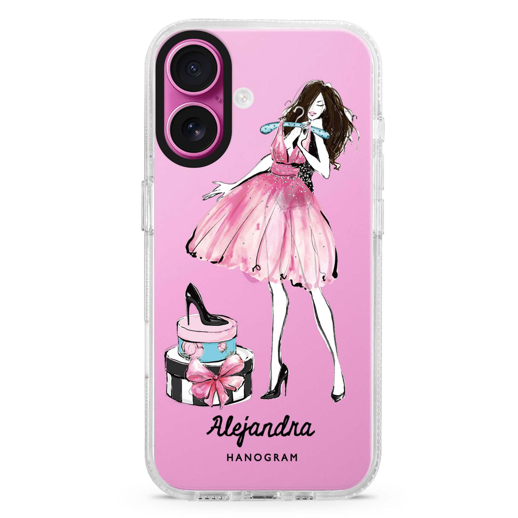 Fashion Party custom name iPhone 16 and 16 Plus ultra clear case, transparent artistic artwork, front product view