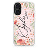 Glamorous Garden custom name iPhone 16 and 16 Plus ultra clear case, transparent floral artwork, front product view