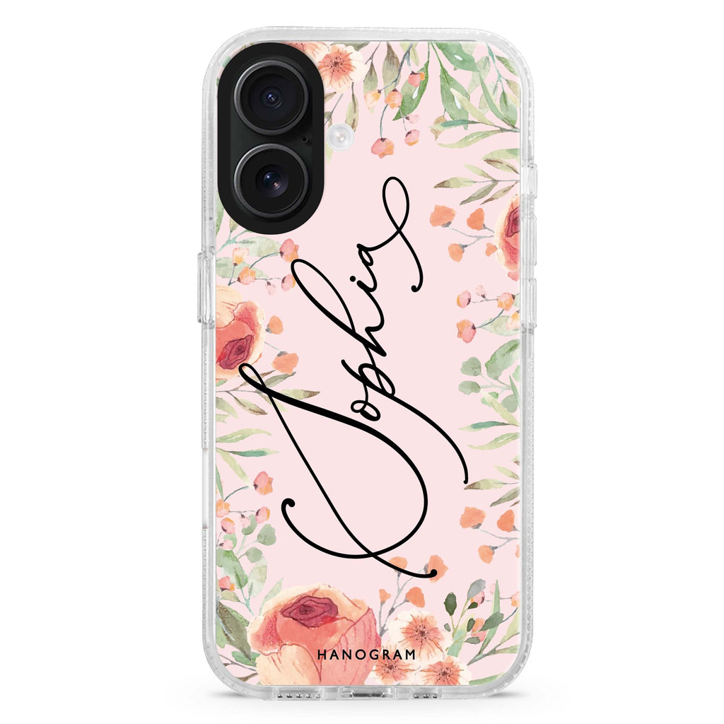 Glamorous Garden custom name iPhone 16 and 16 Plus ultra clear case, transparent floral artwork, front product view