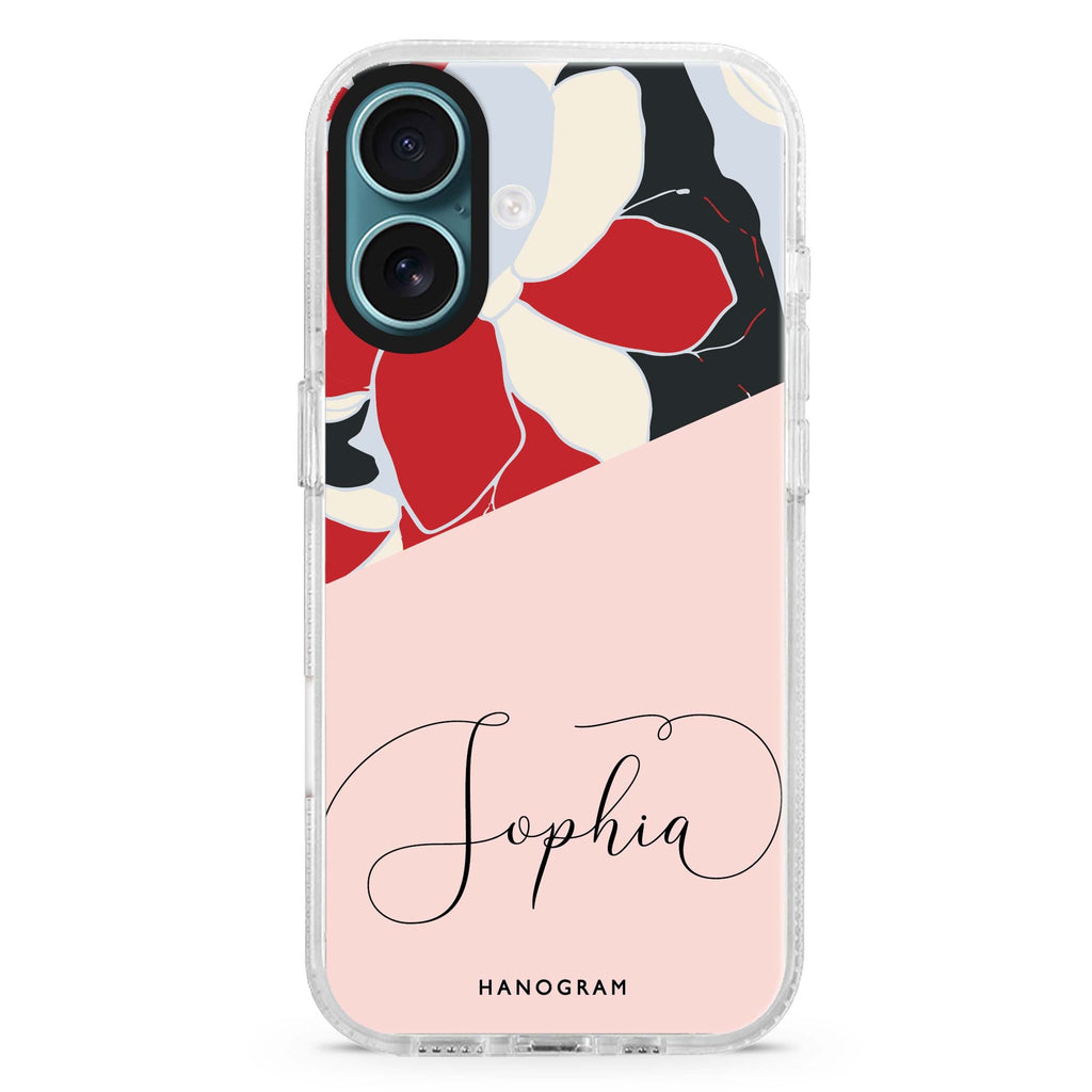 Floral POP custom name iPhone 16 and 16 Plus ultra clear case, transparent floral artwork, front product view