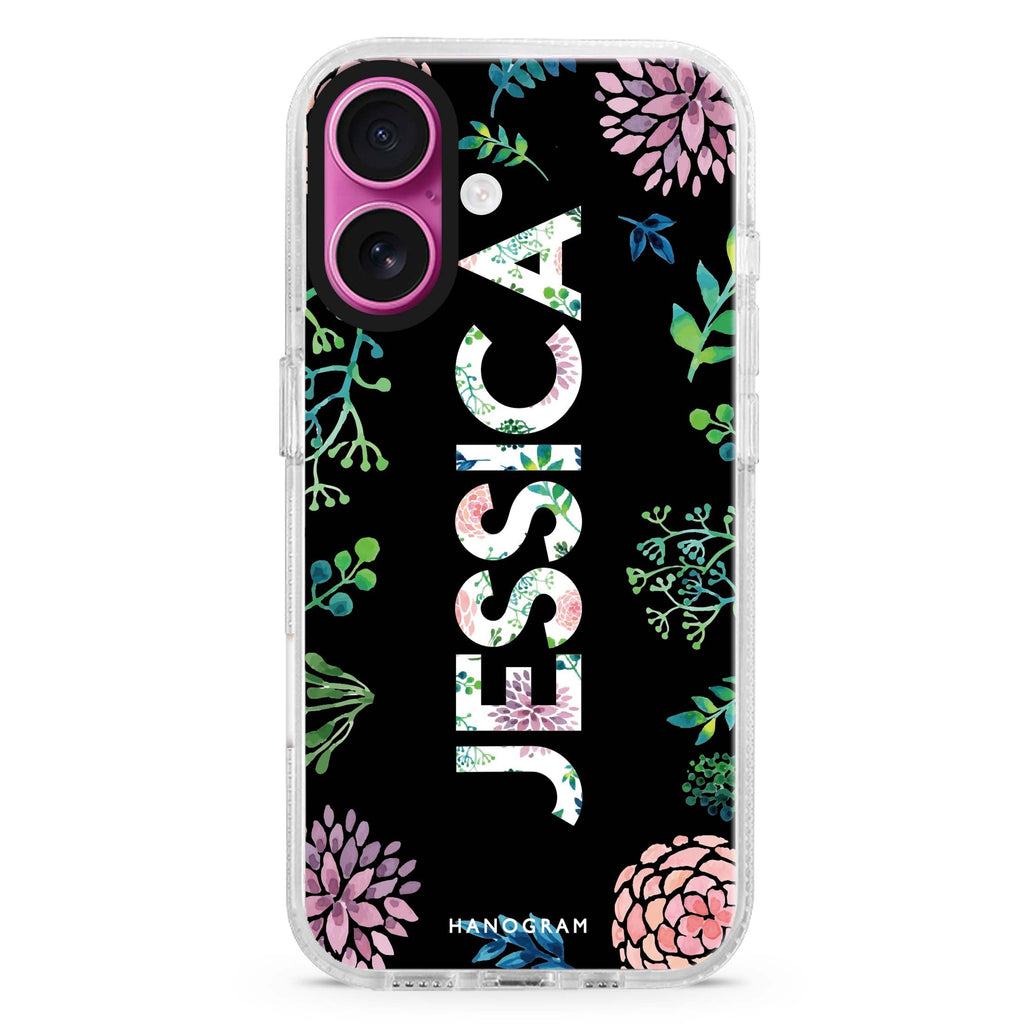 Garden In Rainforest custom name iPhone 16 and 16 Plus ultra clear case, transparent floral artwork, front product view