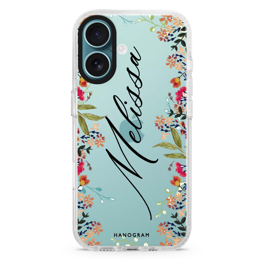 Rustic Garden custom name iPhone 16 and 16 Plus ultra clear case, transparent floral artwork, front product view