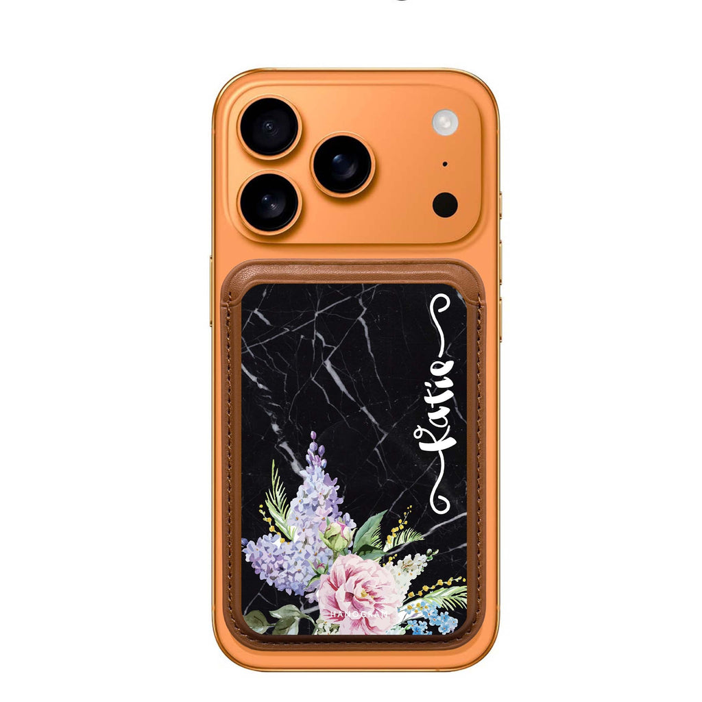 Floral & Black Marble custom name MagSafe wallet for iPhone, personalized magnetic card holder, main view
