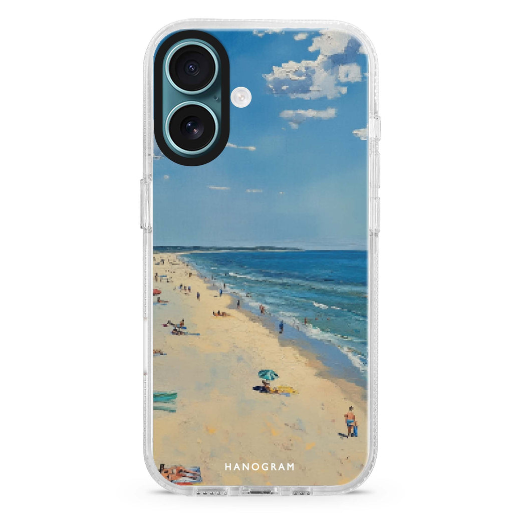 Day Off by the Sea iPhone 16 and 16 Plus ultra clear case, transparent beach artwork, front product view