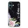 Floral & Black Marble custom name iPhone 16 and 16 Plus ultra clear case, transparent floral artwork, front product view
