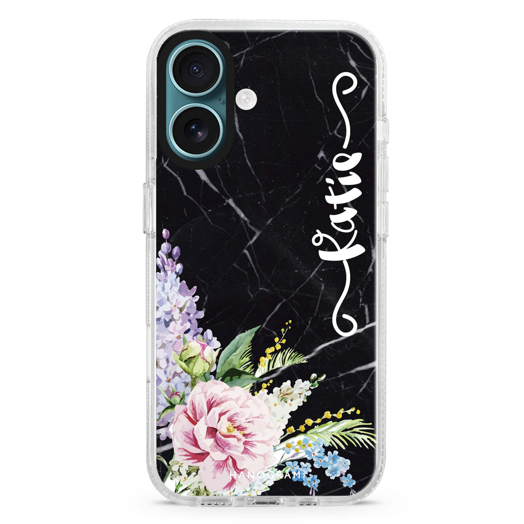 Floral & Black Marble custom name iPhone 16 and 16 Plus ultra clear case, transparent floral artwork, front product view