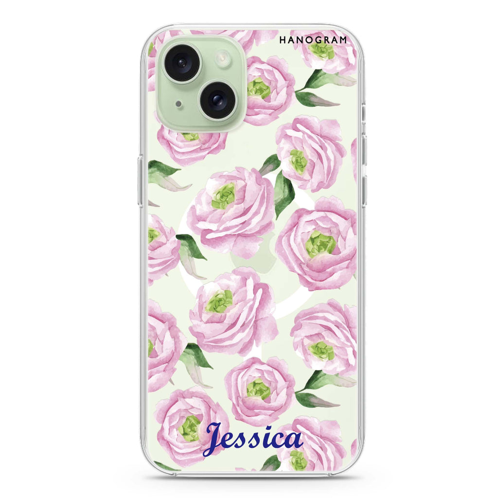Watercolor pink floral iPhone 15 Plus MagSafe Compatible Ultra Clear Case
