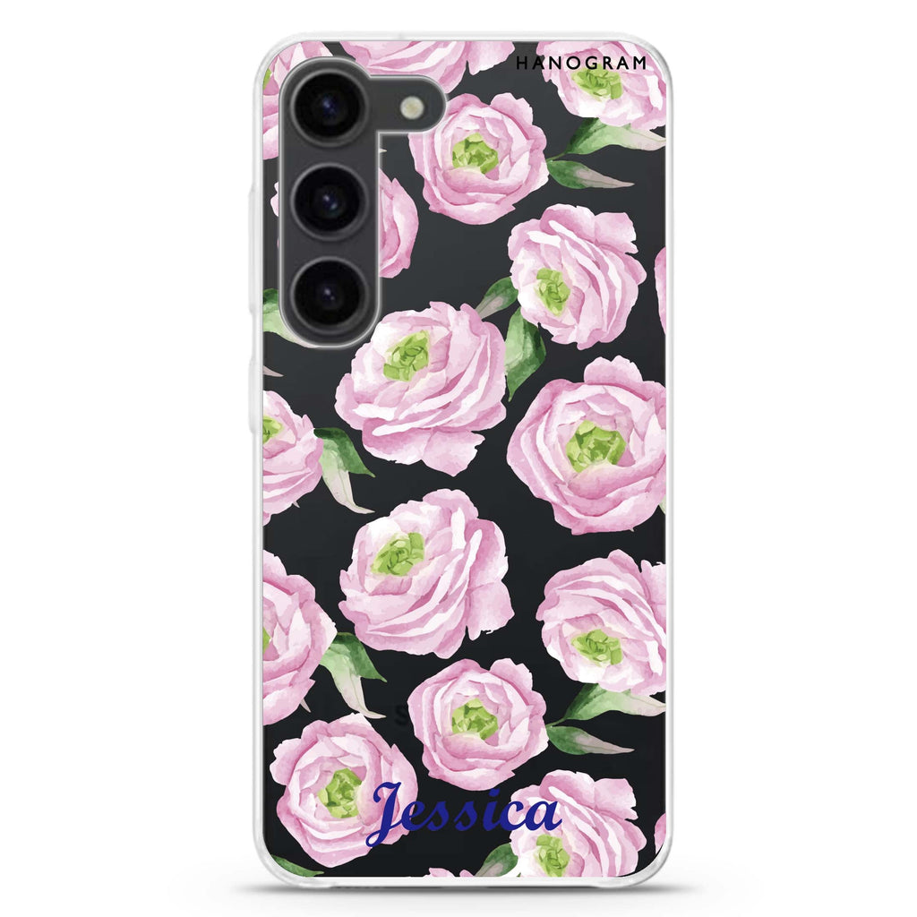 Watercolor pink floral personalized ultra-clear case for Samsung Galaxy S23/S22, front view
