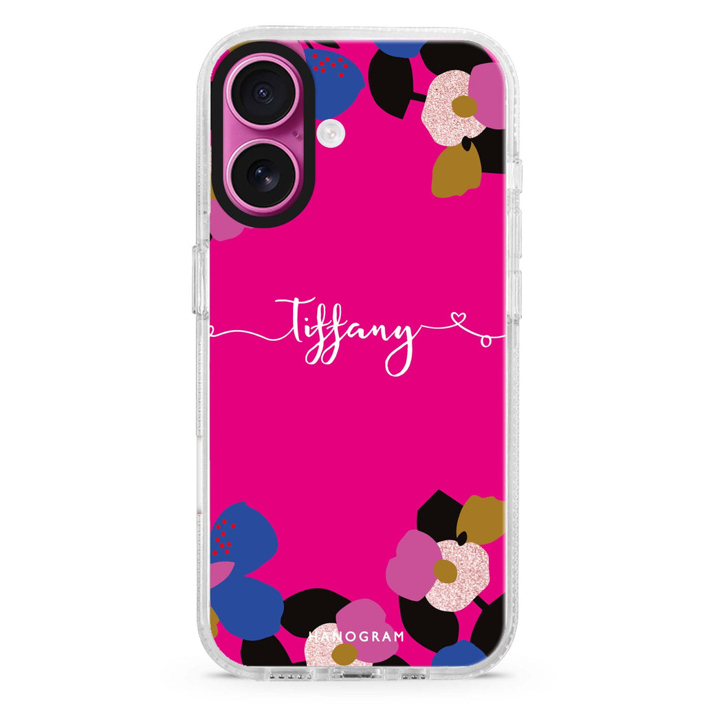 Floral POP II custom name iPhone 16 and 16 Plus ultra clear case, transparent floral artwork, front product view