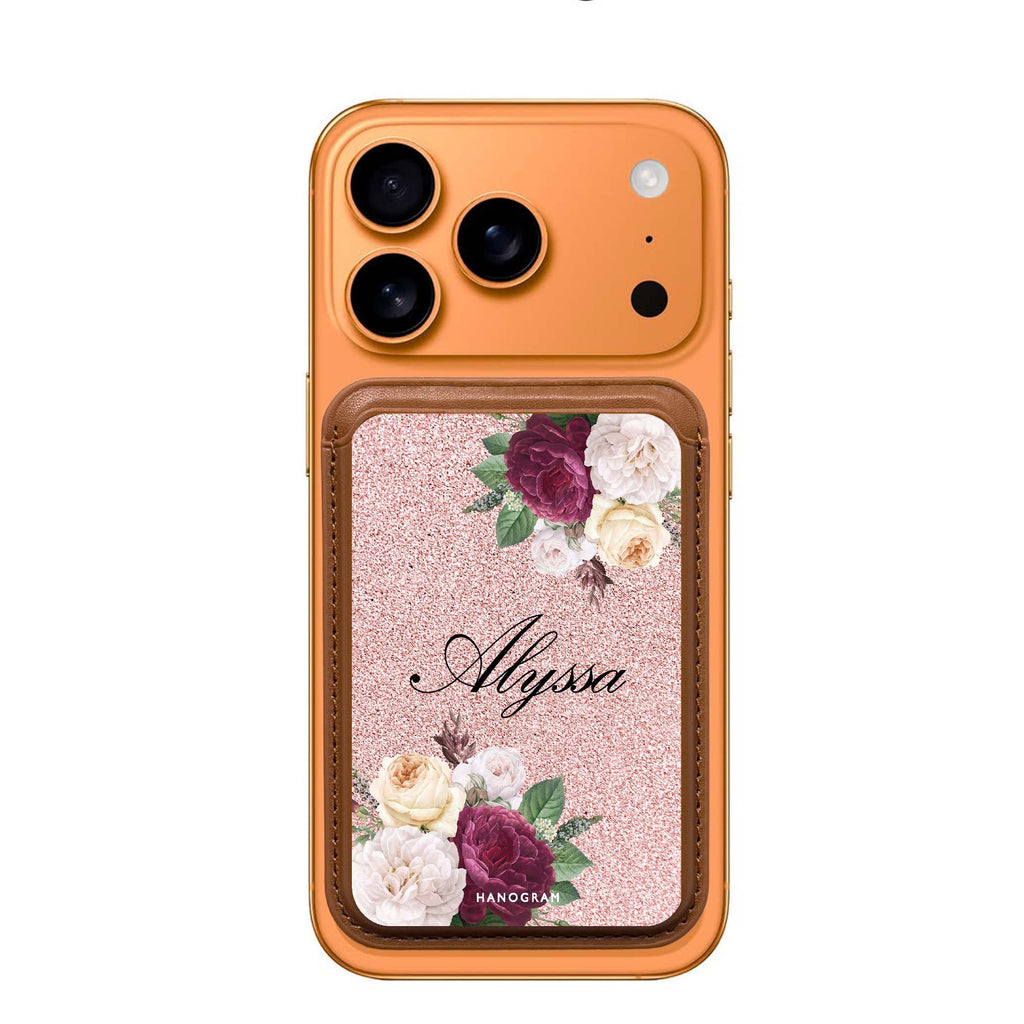 Glittering Floral custom name MagSafe wallet for iPhone, personalized magnetic card holder, main view