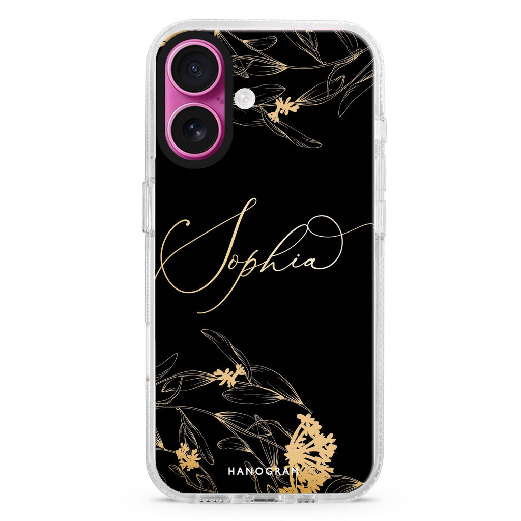Crafts Of Floral II custom name iPhone 16 and 16 Plus ultra clear case, transparent floral artwork, front product view